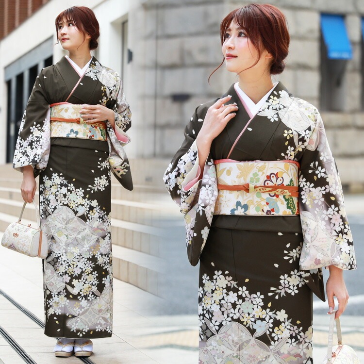 レンタル 訪問着 レンタル 19点フルコーディネートレンタルセット茶色地に七宝と桜結婚式 入学式 七五三 ママ レトロ モダン 30代 40代 50代