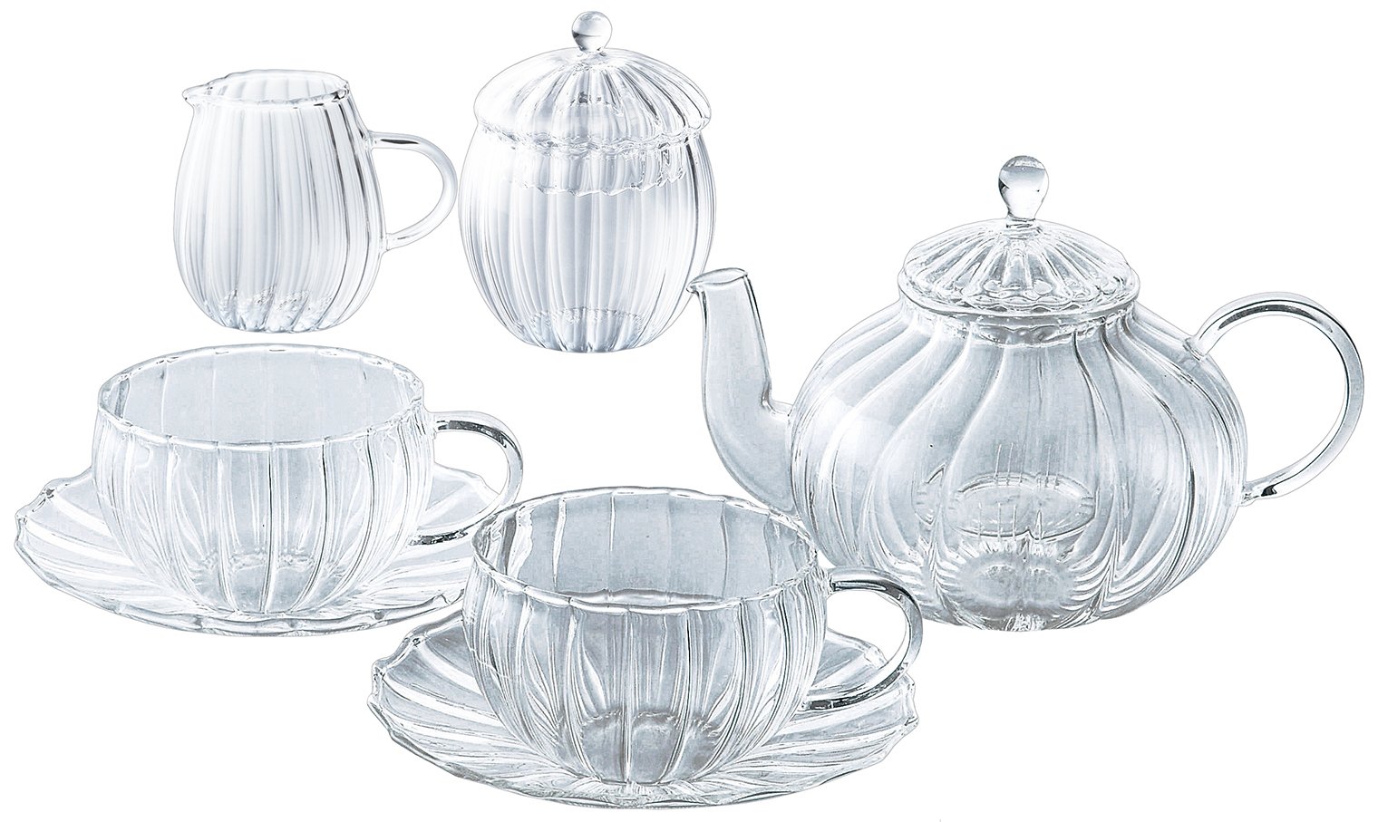 吉谷硝子 ティーフォーツー ウェーブ ティータイムセット 500ml YF-1008W ポット:φ120×h125mm・カップ:φ83×h53mm・ソーサー:φ135×h20mm・ミルク:φ62×h7