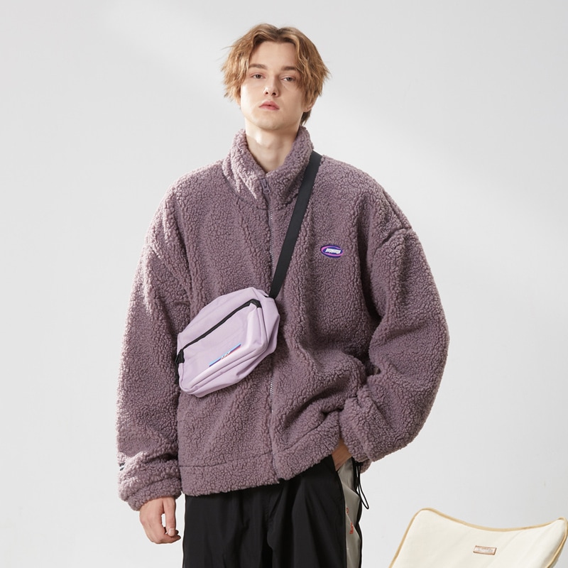 ユニセックス 男女兼用 メンズ アウター ブルゾン ジャンパー ボアブルゾン ミドル丈 長袖 ボトルネック ワイド ノーカラー ボア 厚手 クール スタイリッシュ 個性的 M L XL バイオレット