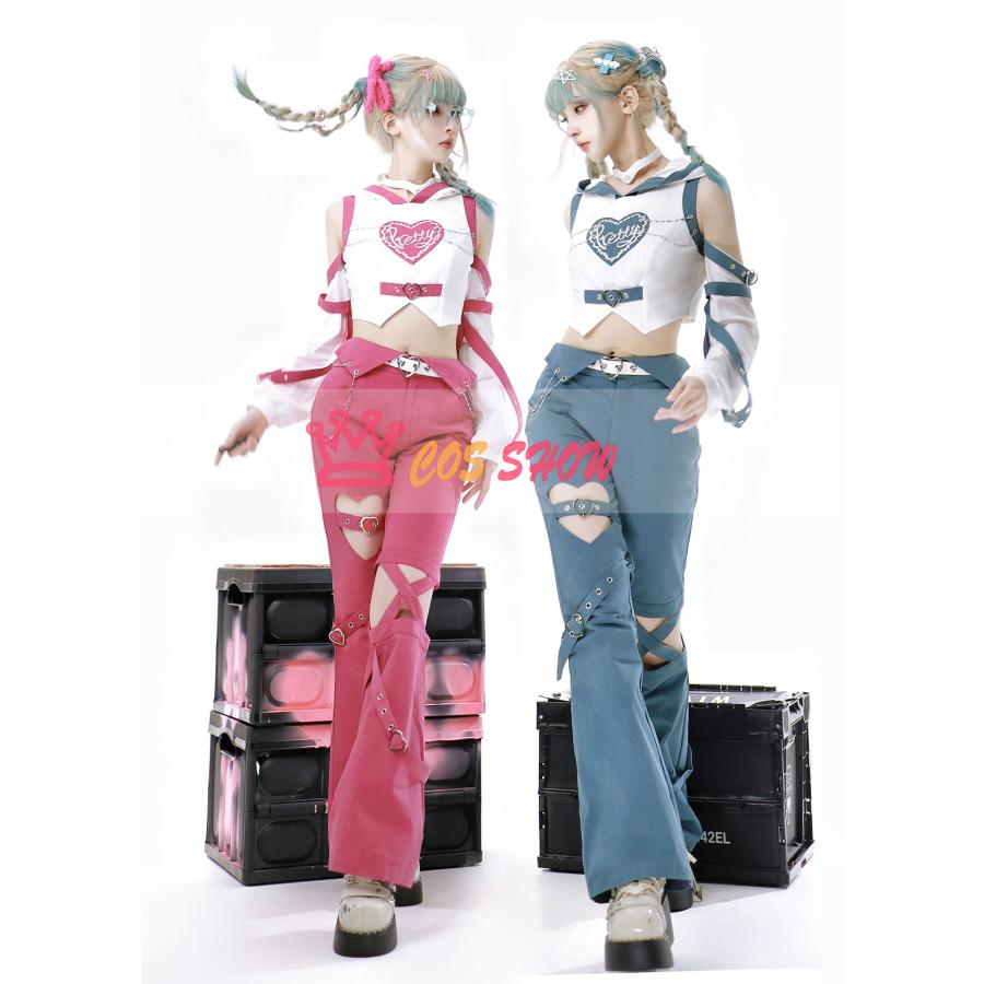 2025新品販売 ハート柄 ギャル 少女 ストリート系 ロリータ服 lolita コスプレ衣装 パンタロン 日常服 ピンク ブルー 刺繍ハート イベント ハロウィン ステージ 学園祭 撮影