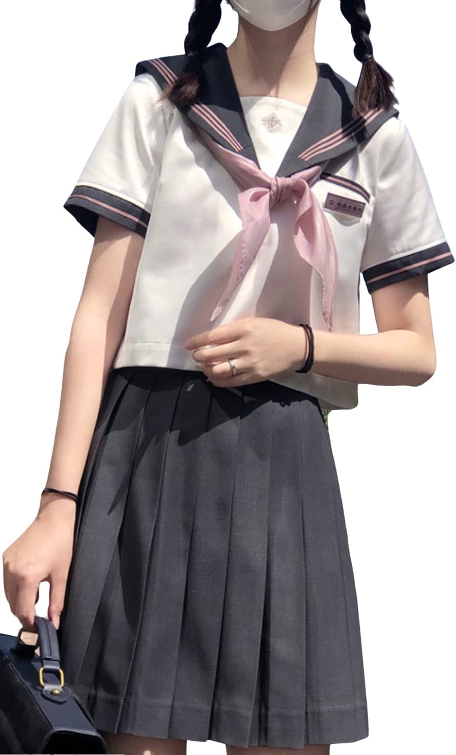 ady Lazy 半袖 セーラー服 グレー 三本線 ピンク スカーフ 女子 制服 学生服春 夏服