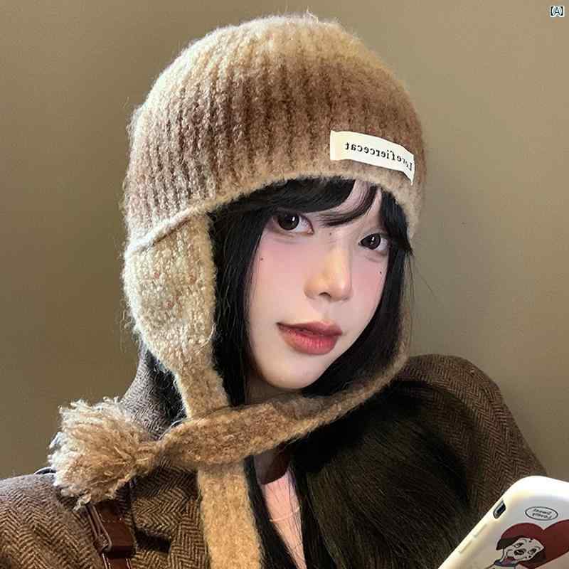 レディースファッション　ファッション小物　オシャレ 秋冬 グラデーション ニット 帽 頭囲 大きい 韓国 顔 見せる 小柄 毛糸 帽子 暖かい 耳 守る