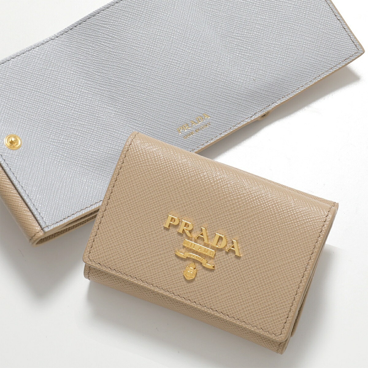PRADA プラダ 三つ折り財布 1MH042 ZLP レディース サフィアーノ レザー トライアングルロゴ バイカラー ミニ財布 F03L6/SABBIA+FIORDALI