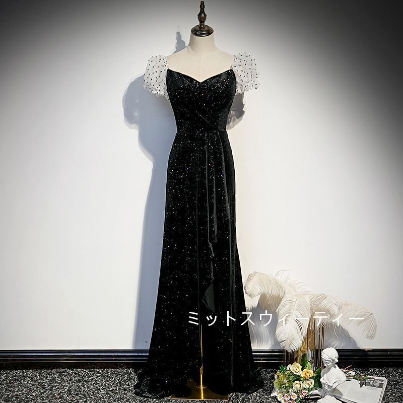 カラードレス ロング スリット パーティードレス 演奏会 袖あり 結婚式 イブニングドレス 二次会