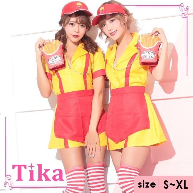 ハロウィンコスプレ衣装 メイド セット xl 制服 ハンバーガー ウェイトレス ミニワンピース 帽子 エプロン大きいサイズ ウェイター 衣装 仮装 激安 2l アメリカン ボーダー エロ 大人 レデ 6,224円