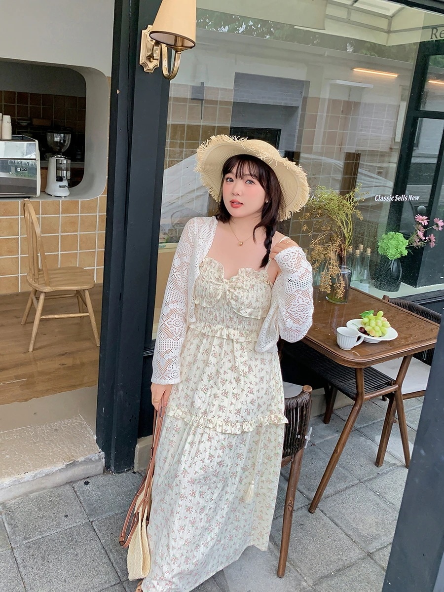 【ぽちゃまに】 夏新品 2セット 大きいサイズ 花柄 レースカバー＋キャミワンピース 体型カバー ワンピースセットアップ 森ガール メガ割30%までに制限