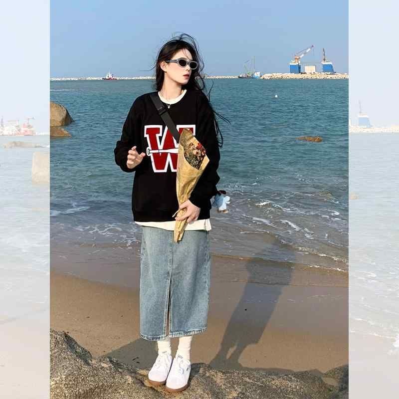 大人気 上品 ラウンドネック 秋冬 スタイル オーバー レイジー ショート トップス 24 スウェットシャツ ブラック シック サイズ アメリカン スタイル