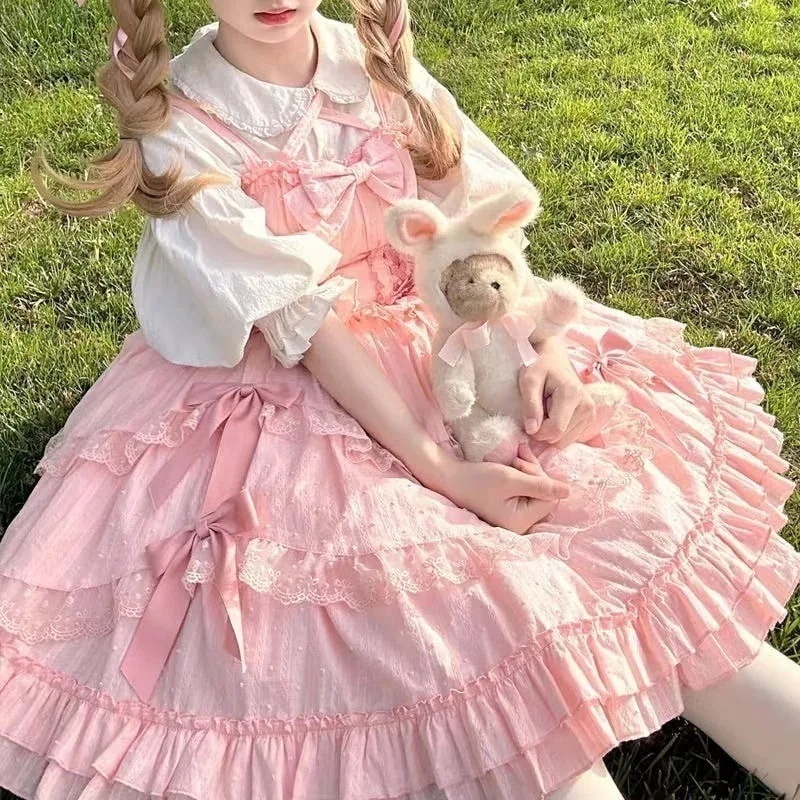 Lolita純綿jskセットワンピースロリータ大童純色レースかわいい日系プリンセススカート