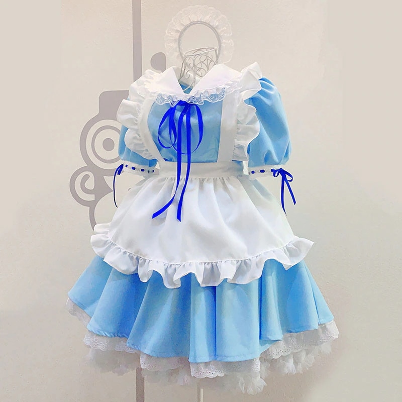 アリス メイド服 3点セット 水色 ブルーリボン 白レース+荷葉フリル