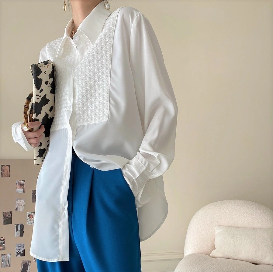 トップス シャツ 白シャツ ロング丈 袖あり 長袖 襟付き 刺繍 かわいい 大人可愛い きれいめ シンプル カジュアル 大人 上品 おしゃれ かっこいい 大人女子 こなれ感 メンズライク クール 7,542円