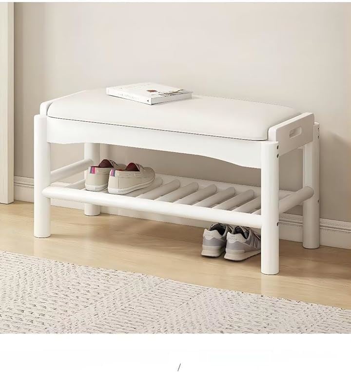 玄関ベンチ 木製 無垢材 北欧 天然木 シューズラック 収納ベンチ 玄関椅子 玄関スツール シューズボックス 靴収納 雑貨 家具(ホワイト, 80x30x40cm)