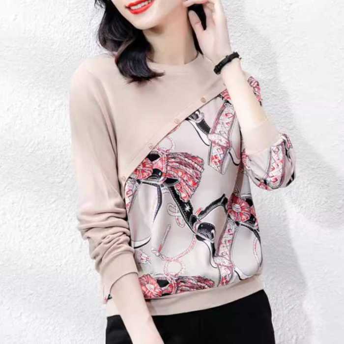 きれいめレディースファッション トップス M L XL 2XL 3XL スカーフ柄シルクシャツ 20代