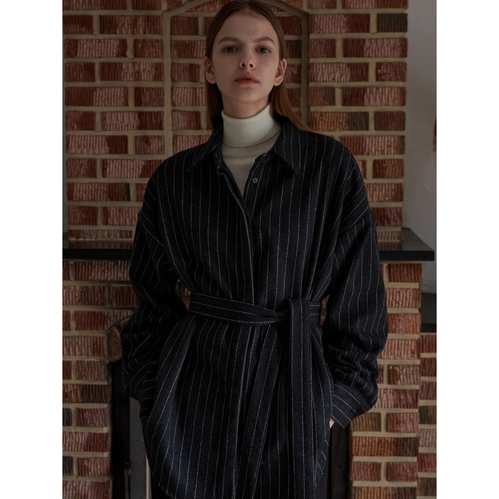 アムールモイエストライプベルト付きシャツチャコール amr1735