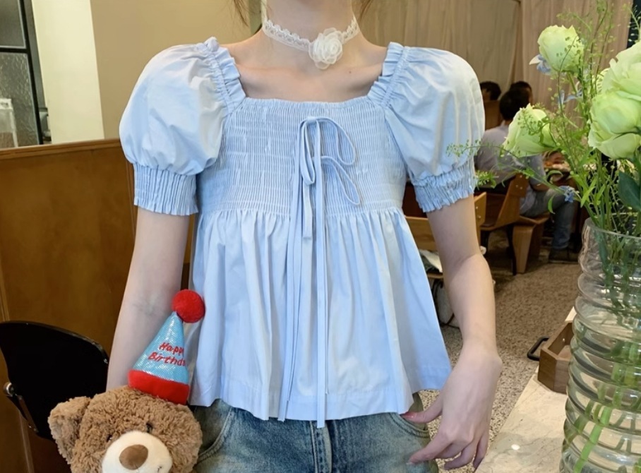 トップス ブラウス カットソー ショート丈 袖あり 半袖 5分袖 五分袖 スクエアネック 襟なし リボン 薄手 かわいい 大人可愛い きれいめ シンプル カジュアル 大人 上品 おしゃれ お洒落