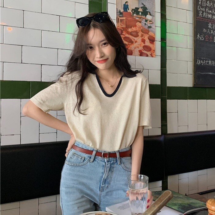 Tシャツ カットソー レディース 半袖 Vネック 襟付き バイカラー ガーリー フェミニン かわいい 大人可愛い きれいめ カジュアル 無地 夏 ママ 学生 デート ホワイト ネイビー トップス