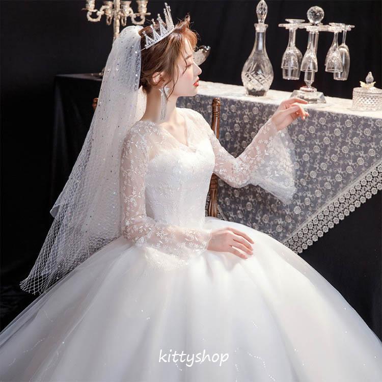 【即納】ウェディングドレス 袖あり 白 花嫁ドレス 結婚式ドレス レース Vネック ウェディングドレス ロング丈 ドレス 海外挙式 二次会ドレス 長袖
