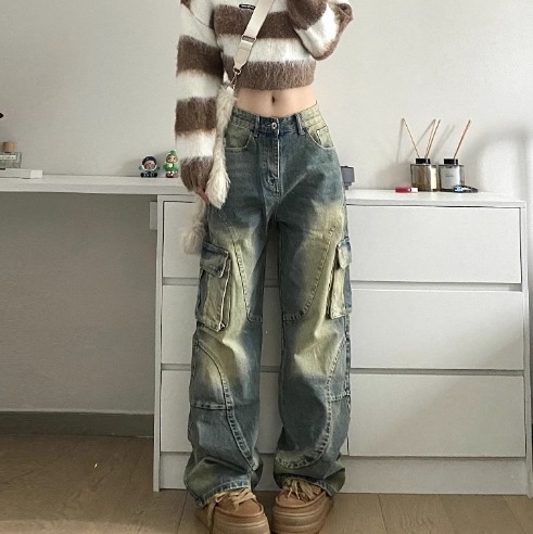 パンツ ボトムス Gパン ストレートパンツ ワイドパンツ デニムパンツ フルレングス ワイド ストレート ストリート ファスナー ポケット ハイウエスト ボタン アメカジ ウォッシュ ブルーデニム