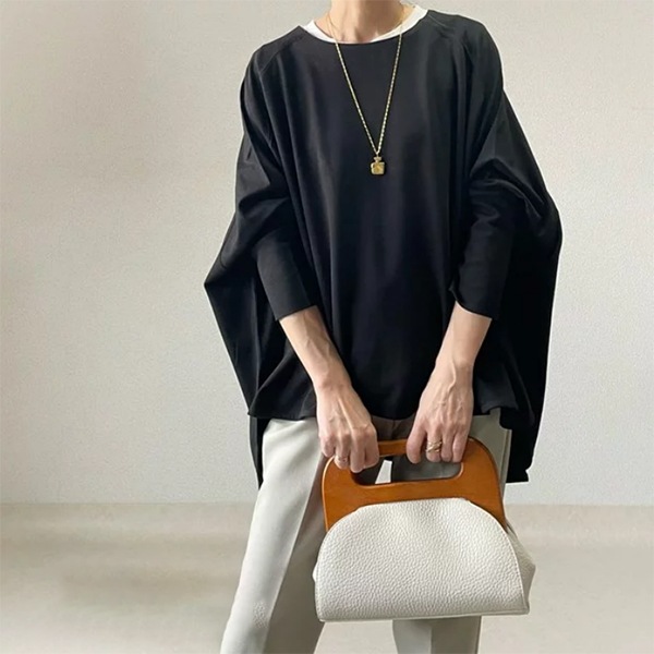 【 今季大注目のアップ】 再入荷予定 美人度アップ ラウンドネック ドルマンスリーブ 長袖 Tシャツ
