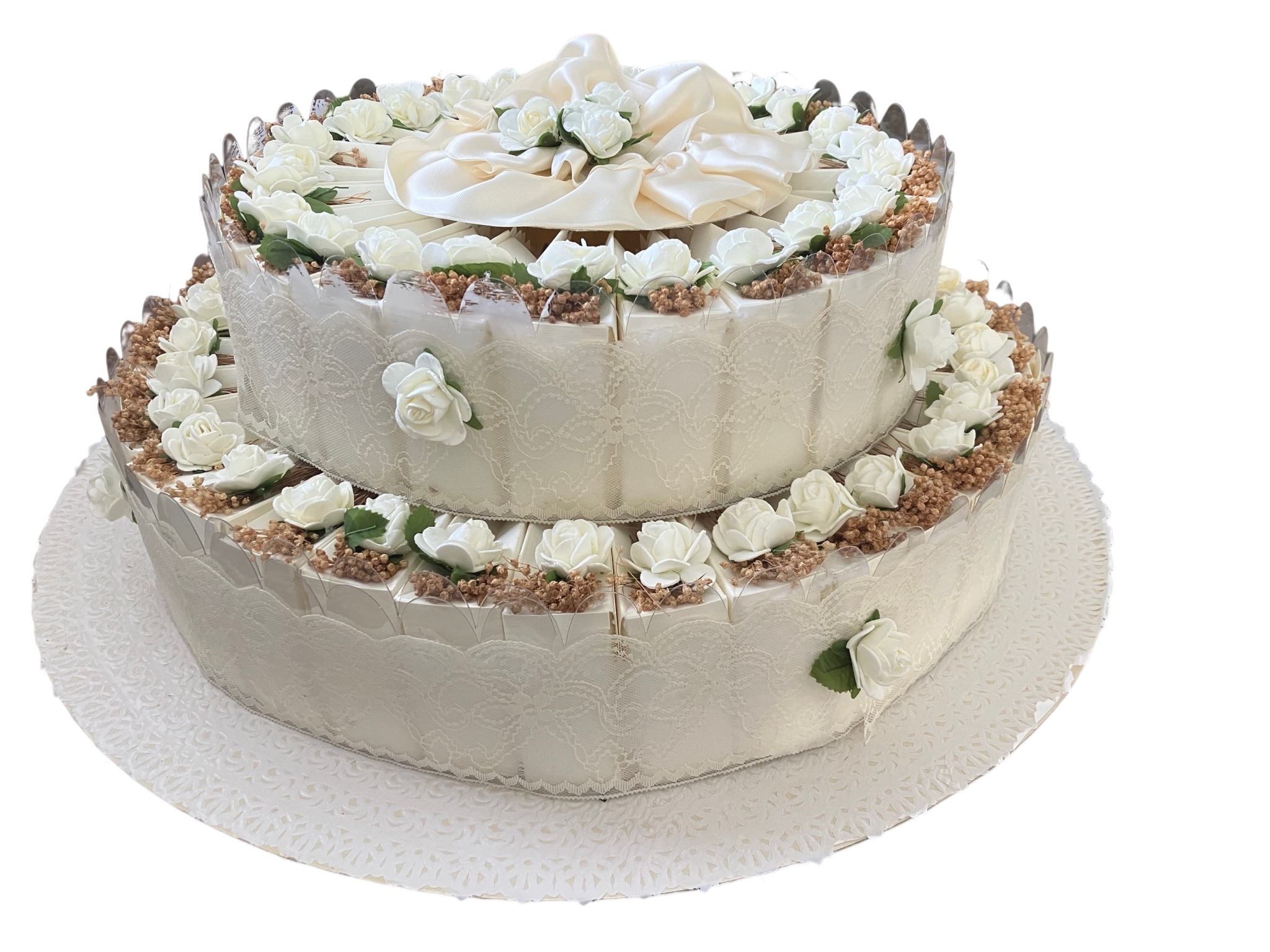 結婚式プチギフト用　ペーパーウェディングケーキ２段型　紙バッグ６０個セット(ホワイト)