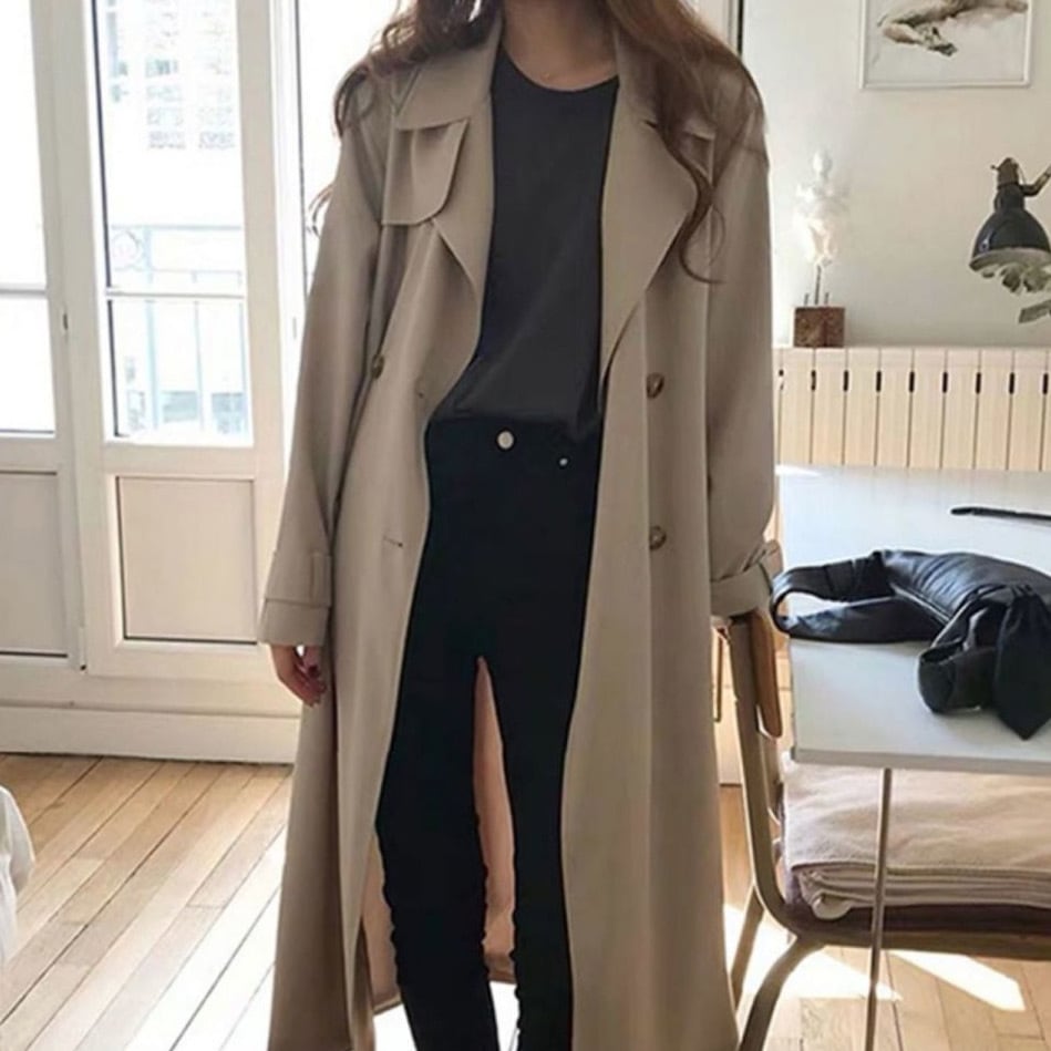 レディース コート アウター 上着 羽織 前開き ロングコート トレンチ 膝下 ロング 長袖 襟付き スリム ストレート スマート ベルト ウエストマーク スリット バックスリット ポケット 9,380円