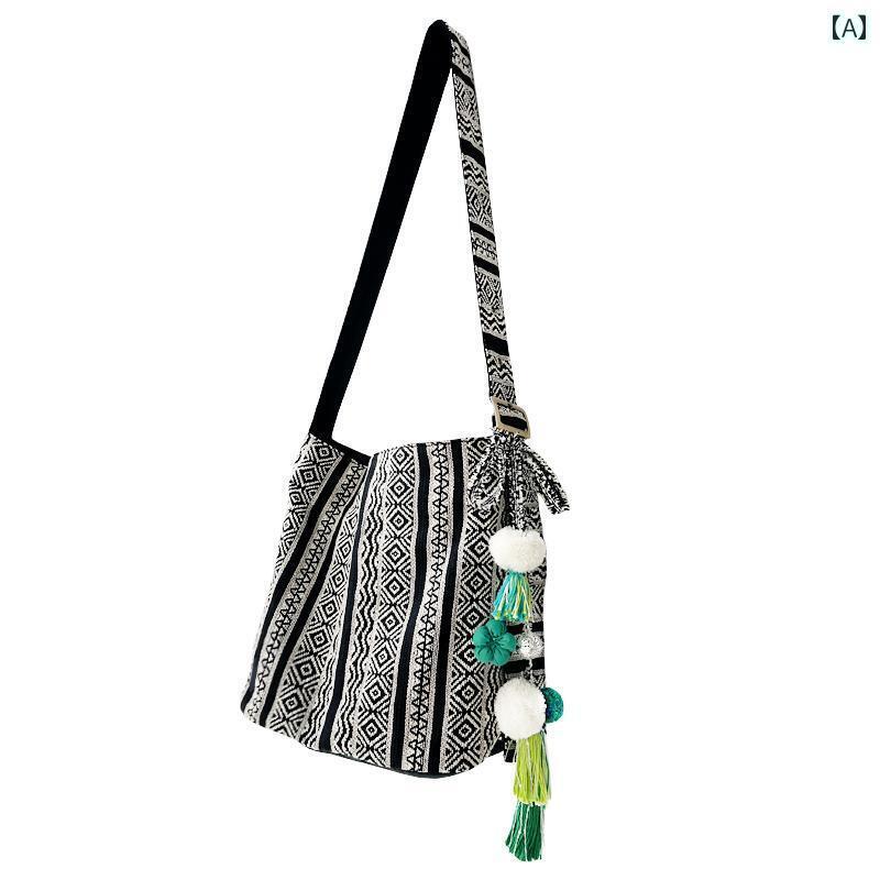 トートバッグ レディース 鞄 ショルダー 2way a4 サイズ 縦 斜めがけ 長さ調節可能 ファスナー ポケット 旅行 普段使い ファーボール タッセル キャンバス エスニック レトロ かわいい 個