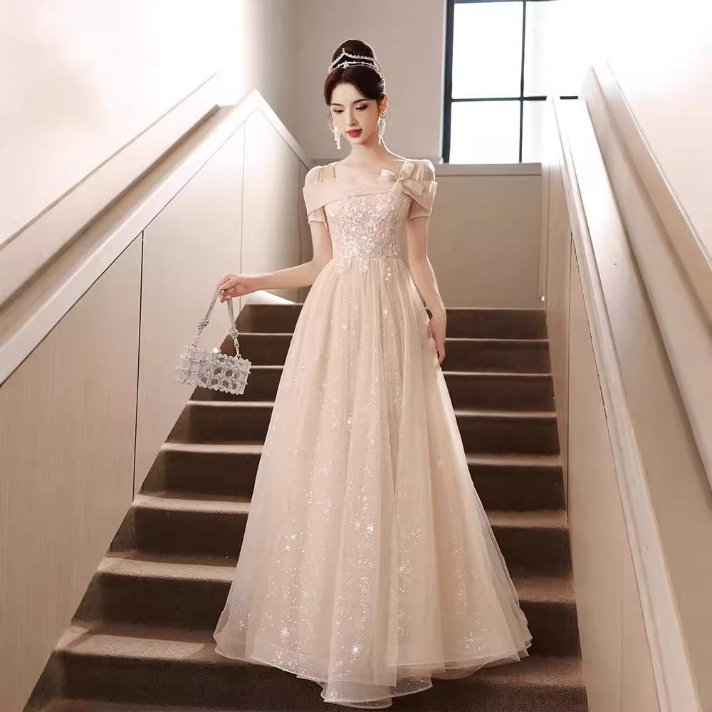 シャンパンイブニングドレス2024妖精気質宴会ホスト成人式誕生日プリンセスドレス夏