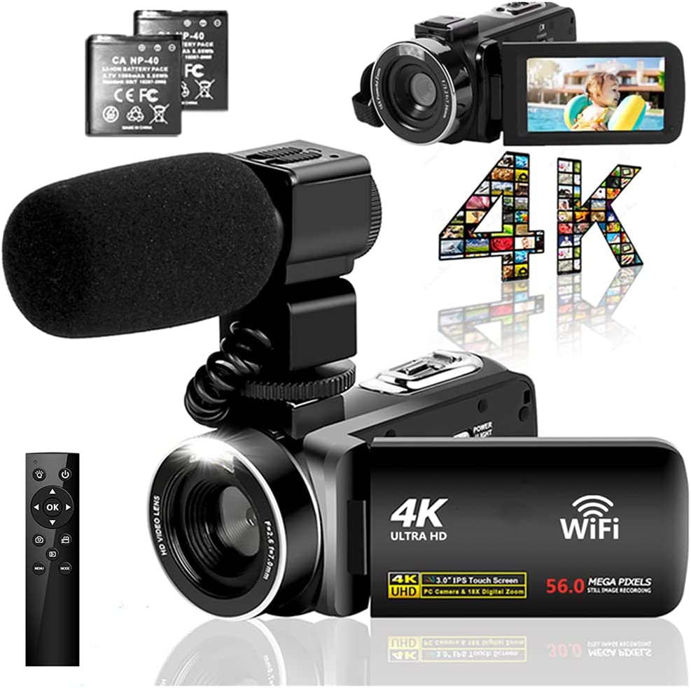 ビデオカメラ 4K YouTubeカメラ5600万画素 WIFI機能 18倍デジタルズーム 外付けマイク 3インチタッチモニター HDMI出力IRナイトビジョン AKM-192