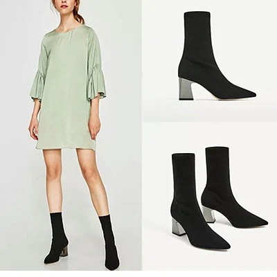 大人気！ 新鮮なデザイン靴下とパンプスが合体 ストレッチブーツ ソックスブーツハイヒール アンクルブーツ 女靴 大きいサイズ 22CM-26.5CMまで