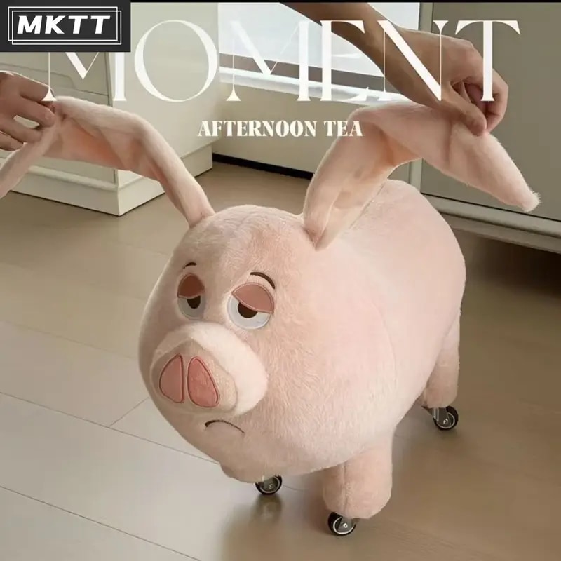 1個の大きなピンクの豚の椅子ホイール付き - 柔らかい布製の座席頑丈な木製のベース組み立て不要エントリーウェイリビングルームベッドルーム用のかわいい動物デザイン - 楽しい家の装飾と機能的