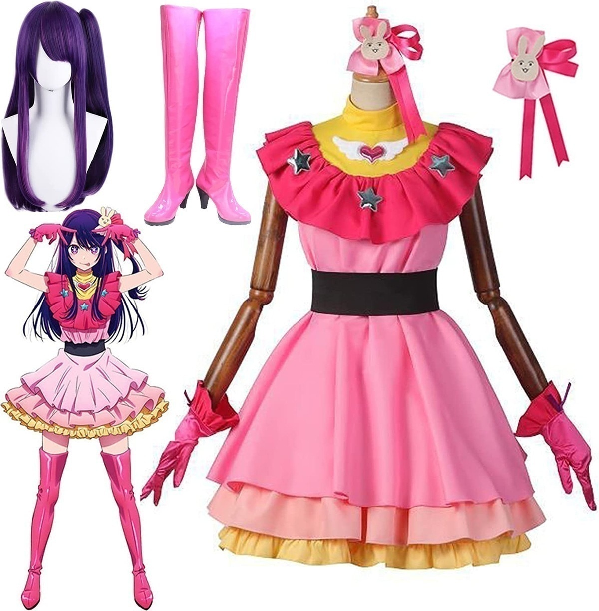 【即納】最安値挑戦 学園祭 文化祭 イベンド クリスマス ハロウィン コスチューム アイドル ステージ衣装 セット 有馬かな ルビー バニエ 星野アイ コスプレ衣装 推しの子 衣装＋ウィッグ+靴 ８点