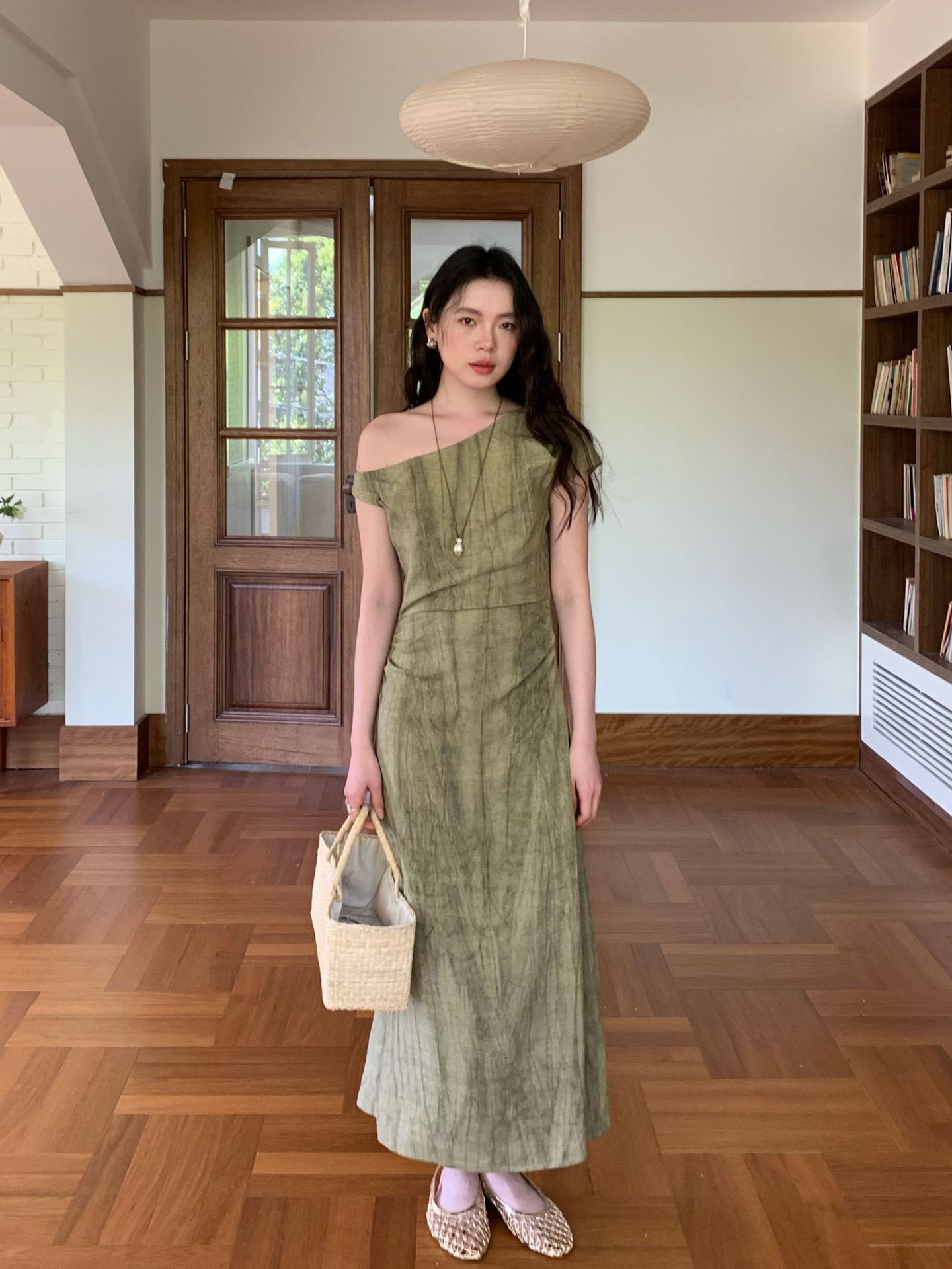 夏新中国式斜め襟気質綿麻垂れ感露肩ワンピース女性S5500