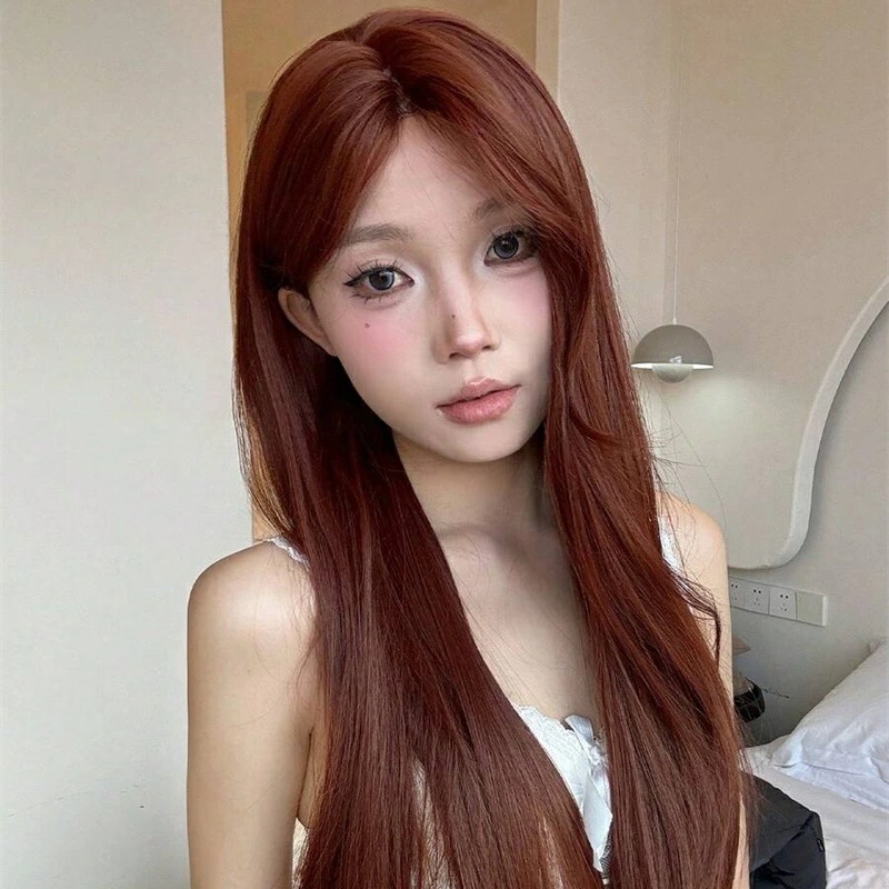 前髪レース付きカーリーウィッグミディアムカットスタイル赤色ロングカールウィッグ全長32フィート日常使いに最適な自然で現実的なウィッグ