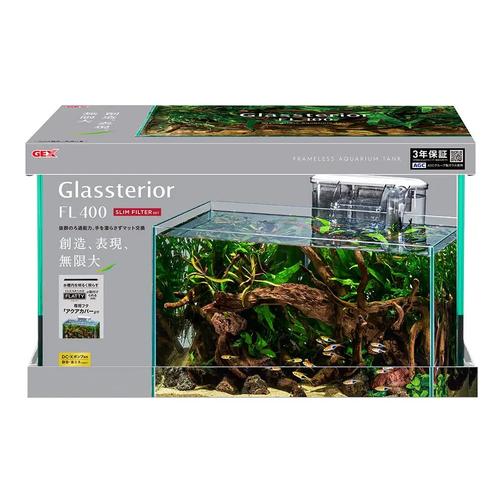 ＧＥＸ　ガラス水槽　グラステリアＦＬ４００　スリムフィルターセット　４００X２０X２５ｃｍ　外掛けフィルター付　アダプター別売り　ＣＲＣ10―11―03―40―20