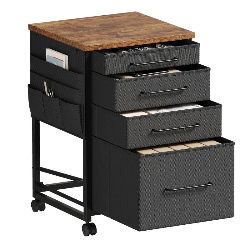 デスクワゴン キャビネット サイドチェスト オフィスワゴン 布製 袖机 サイドワゴン 4段 A4対応 大容量 キャスター付き デスク下収納 幅390*奥行400*高さ640mm 柜子 ビンテージ+黒い