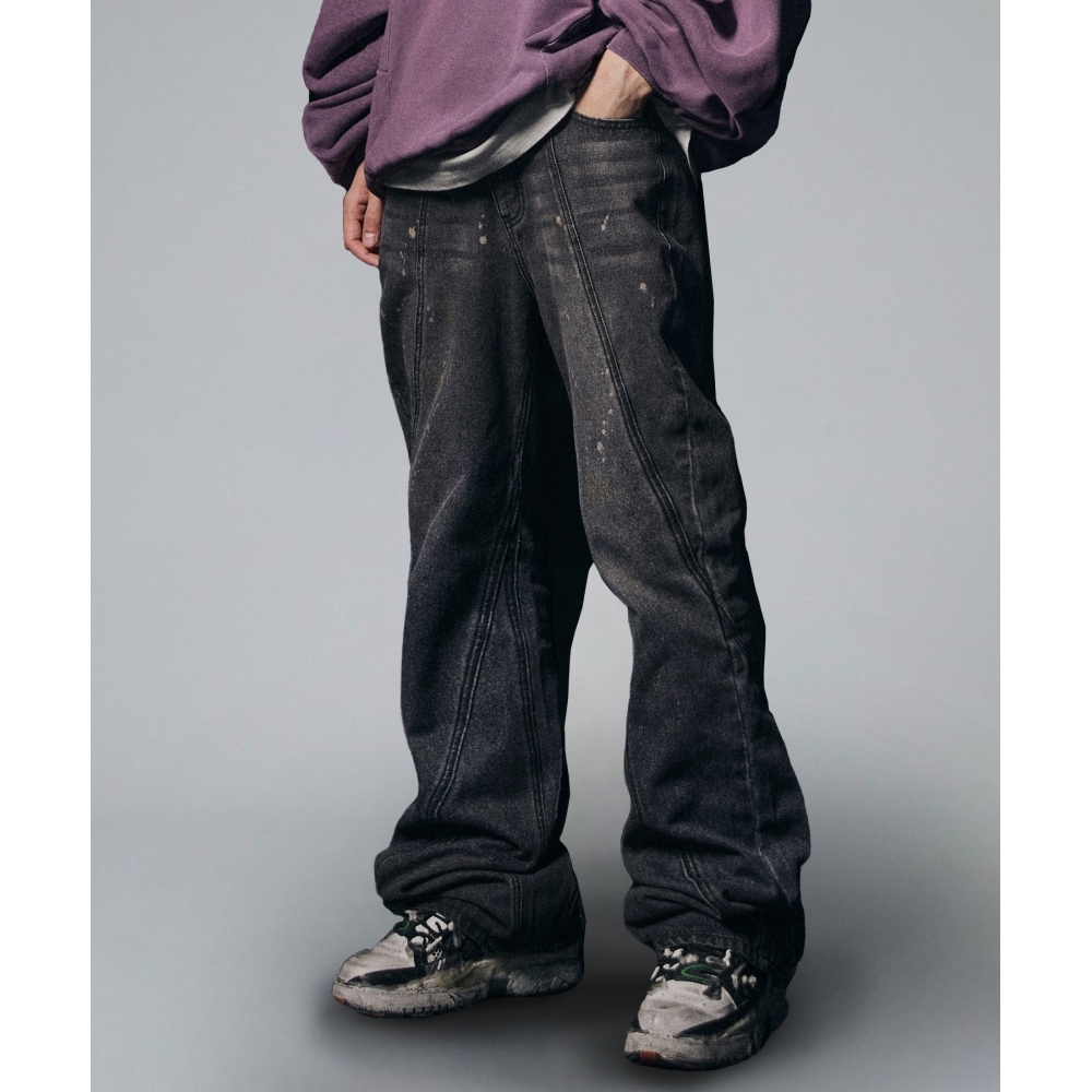 NOT4NERD ヘビーデューティーダーティウォッシュブーツカットデニムパンツ-ブラック