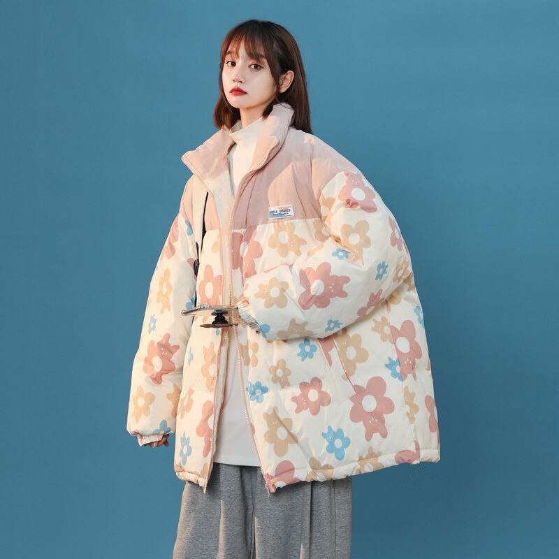 女性かわいい花柄原宿スタンドカラーパーカー女性暖かくルーズな冬のコートレディシックオールマッチアウタ