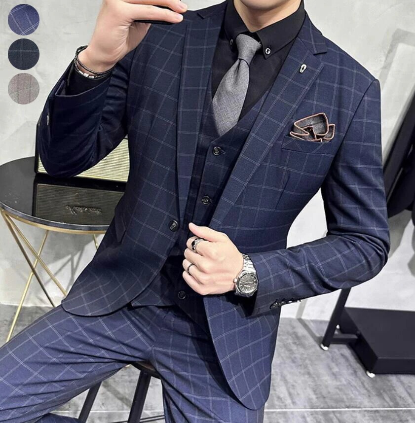 [3日出荷 最安値]フォーマルスーツ 紳士服 韓国風 スリムスーツ メンズスーツセット ビジネススーツ スリーピース スーツ チェック柄 シングルスーツ セットアップ ジャケット+パンツ+ベスト 3ピ