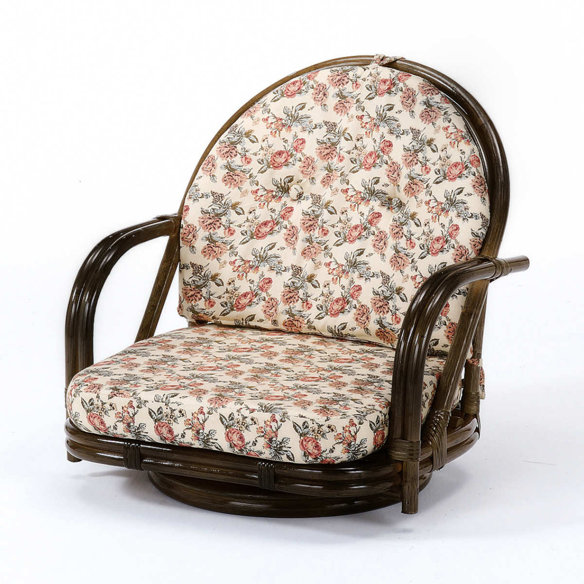 籐 回転座椅子 ラタンチェア ロータイプ クッション付 座面高17cm 回転式 背もたれ付き 肘付き 肘掛 イス チェア 座いす アジアン 籐家具 花柄 和モダン ラタン リラックスチェア