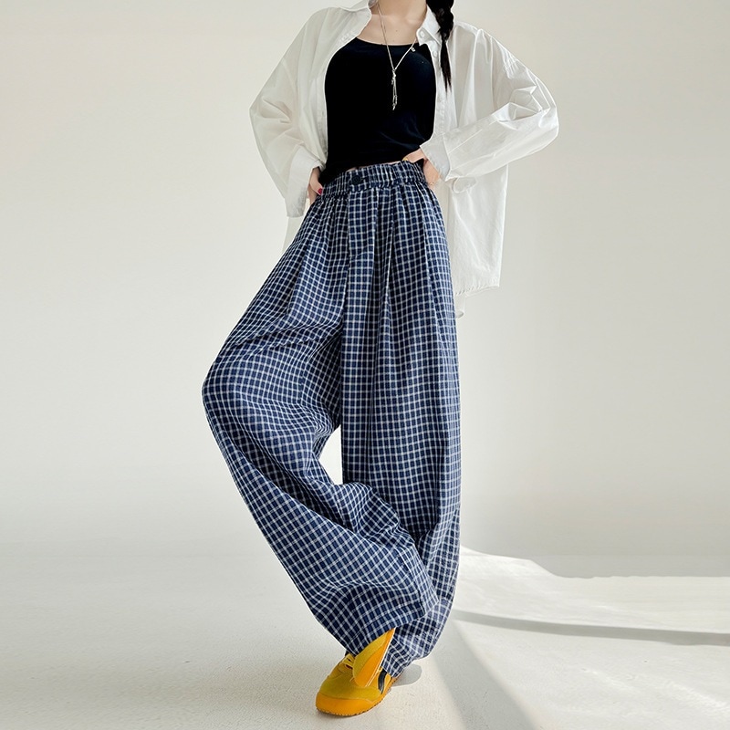 レディースブルーチェックパンツ春と秋の新スタイルリラックスフィットスリミングハイウエストバルーンパンツルーズカジュアルレトロなワイドレッグパンツ