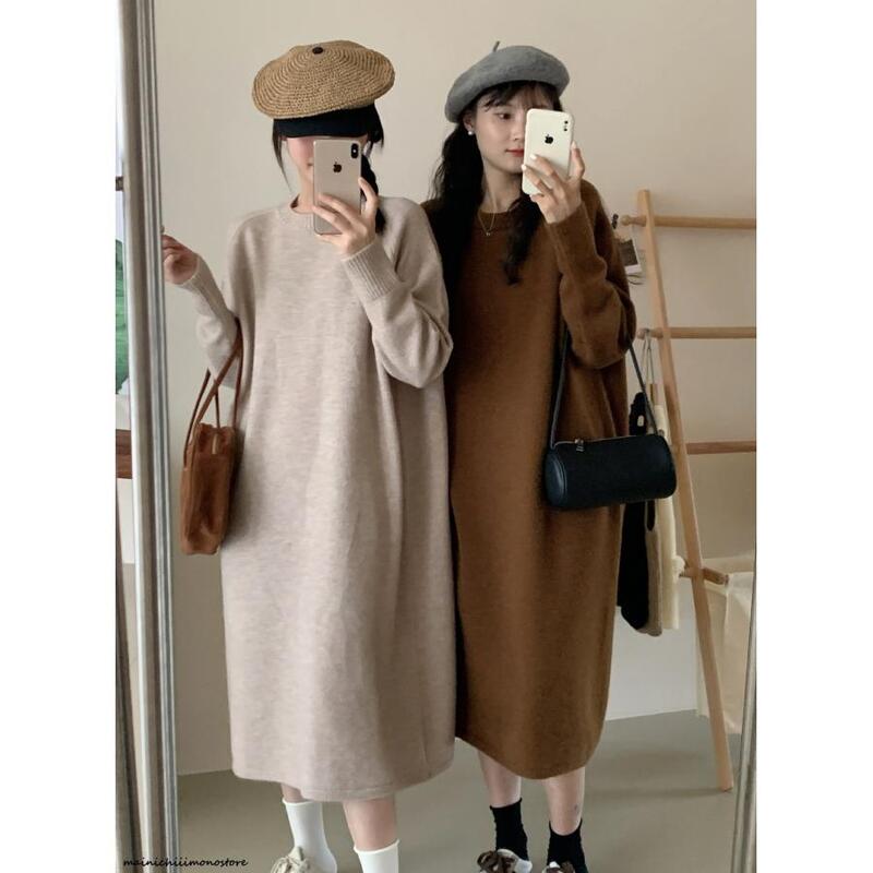 ニット女性の秋冬スリーブ厚い長いマキシゆったりプラスサイズマタニティセーター通勤ボディコンドレス