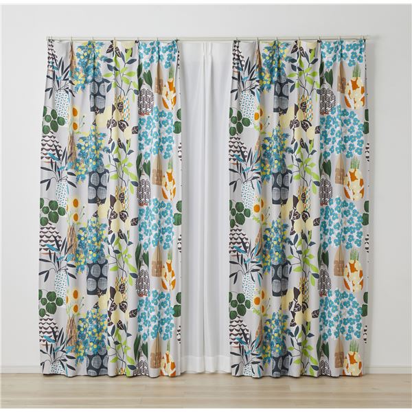 デザインライフ 遮光カーテン フラワーポット 約幅100x丈200cm グレー V1345 1枚入