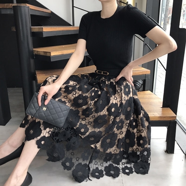スカート レディース レーススカート S M L XL 2XL 3XL 4XL 5XL 韓国 ひざ丈 ミモレ丈 フレア Aライン レース 透け感 かわいい 大人可愛い きれいめ シンプル おしゃれミディアムスカート