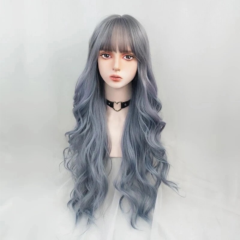 ウィッグロリータロングカーリーヘアビッグウェーブヘイズブルーパープルグレーハイライトグラデーションカ
