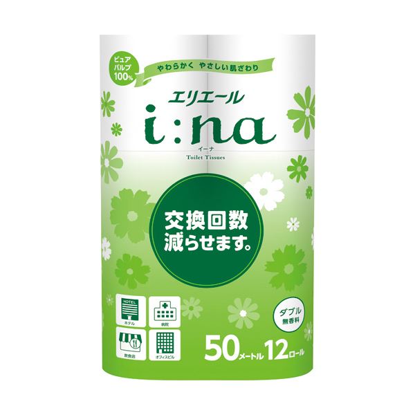 大王製紙 エリエールi：na（イーナ）トイレットティシュー ダブル 50m 無香料 1セット（72ロール：12ロール6パック）