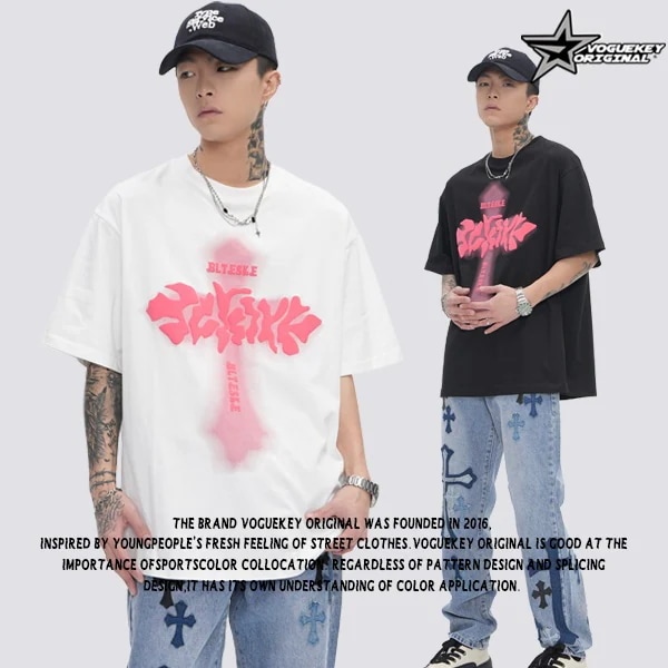 2024レトロな十字架プリントクルーネックtシャツレディース夏服韓国ファッション半袖メンズカップルロンT