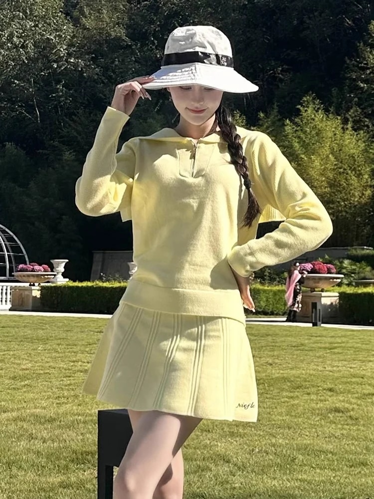 ゴルフウェア 秋冬 レディース スポーツウェア トップス ニットシャツ 暖かい Tシャツ スカート ミニスカート 上下セット イエロー 女性 テニスウェア 通気性 韓国風 おしゃれ