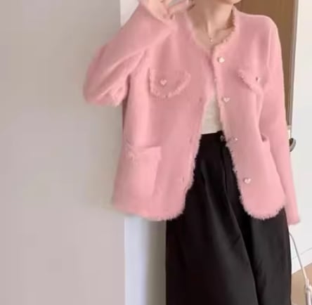 トップス モテアイテム かわいい あったか カーディガン 長袖 襟なし ボタン ハート ふわふわ ポケット 前開き かわいい 大人可愛い おしゃれ お洒落 レトロ アジアン ラブリー キュート