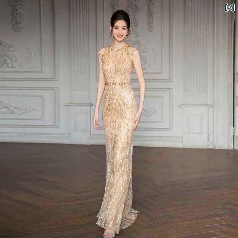 ドレス　パーティー　レディース ゴールド スパンコール イブニングドレス 重厚な 高級 パーティー 花嫁 トースト ドレス フィッシュ テール 女性 8,667円