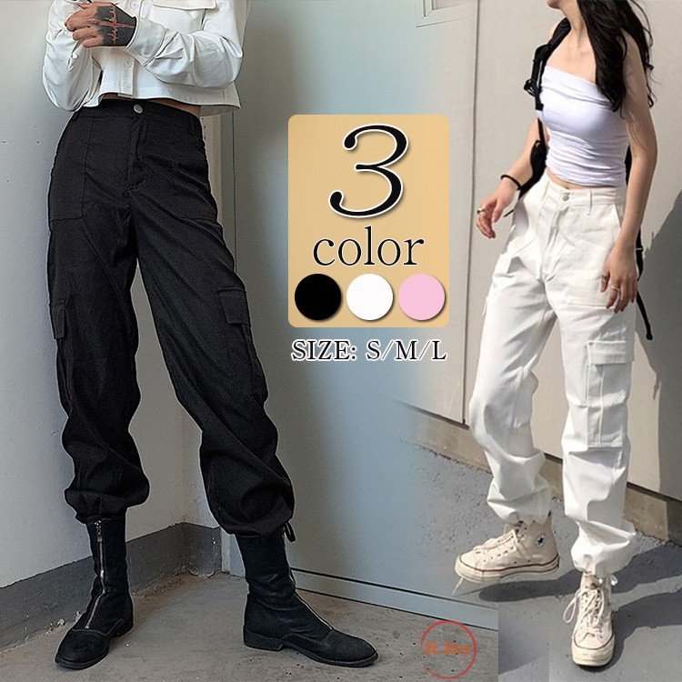 カーゴパンツ レディース ミリタリーパンツ カジュアル ワークパンツ ウエストゴム 春 夏 黒 白