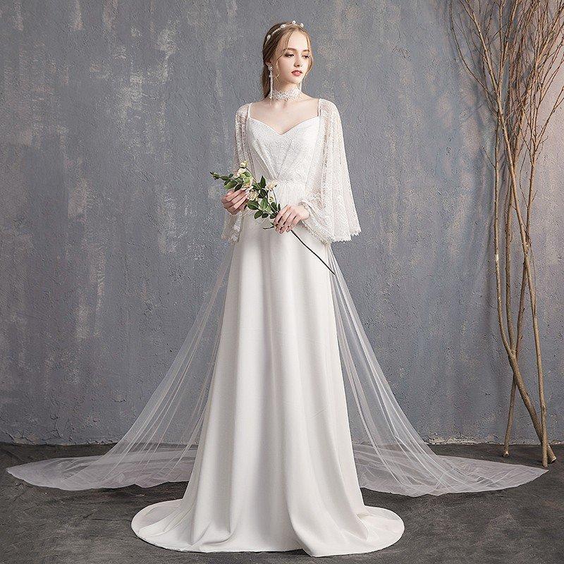 ウエディングドレス aライン 白 安い 長袖 ウェディングドレス 花嫁 結婚式 レース パーティードレス 二次会 ブライダル ロングドレス ボレロ イブニングドレス